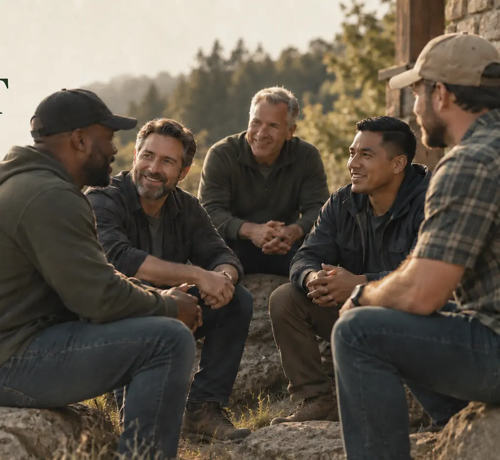 A diverse group of men sharing conversation outdoors.