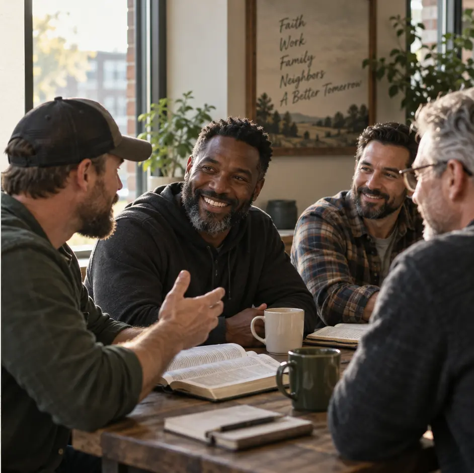 Men sharing an honest conversation around a table with open Bibles and notebooks.